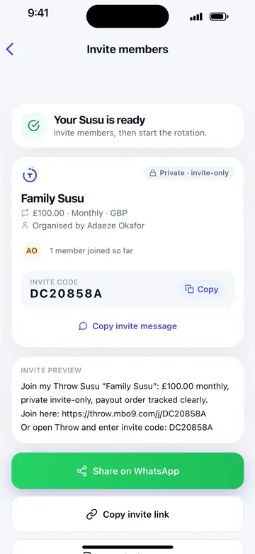 Your Susu is ready: the Family Susu invite, with an invite code, a preview of the invite message and a green Share on WhatsApp button.